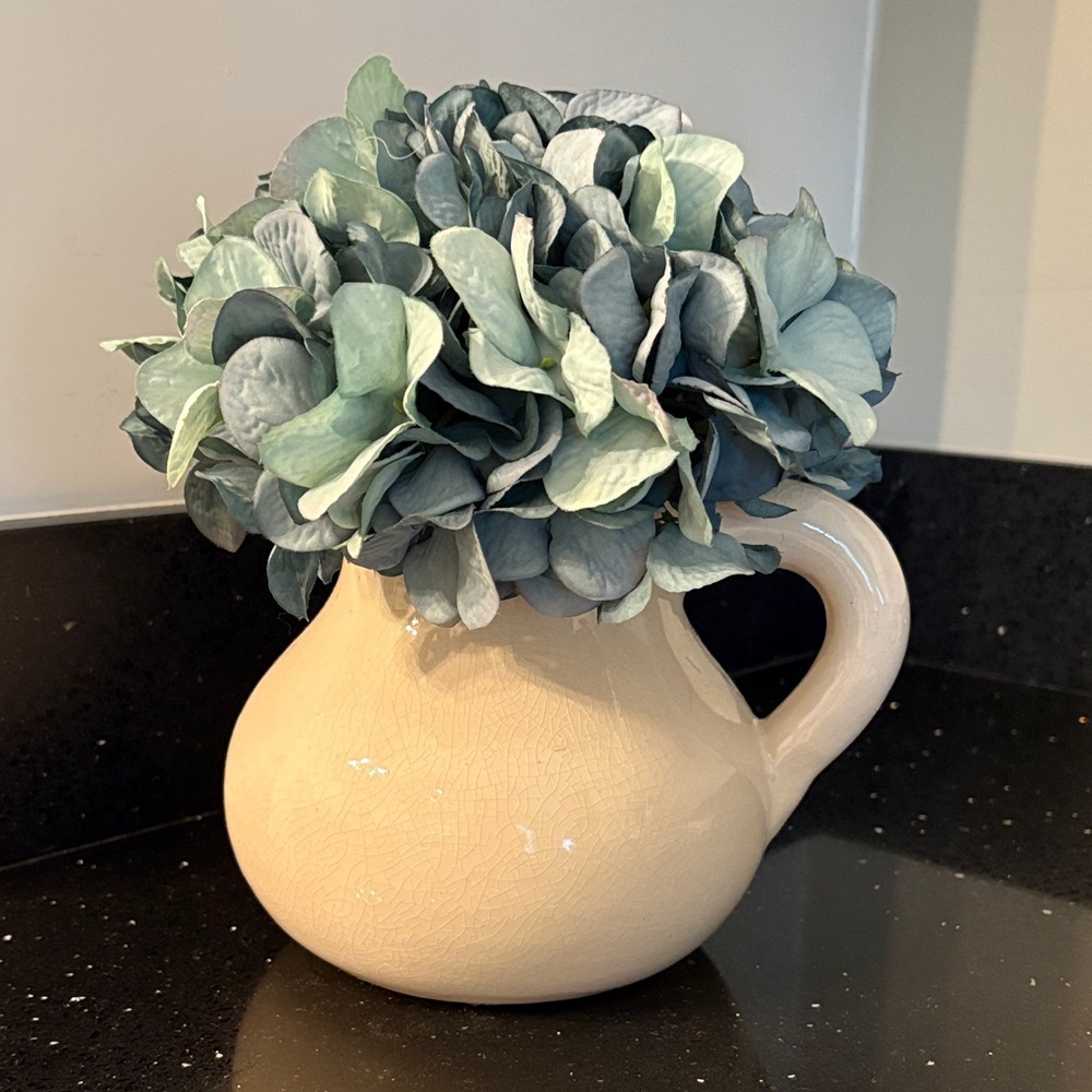 Charming Ceramic Pitcher Vase w Faux Hydrangea Bloom Shabby Chic Cottagecore